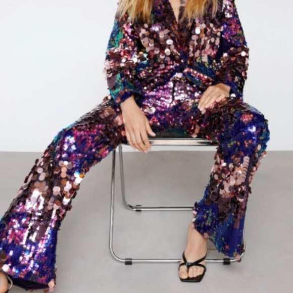 Nasty Gal Premium Mixed Sequin Flare Trouser - Picture 1 of 2